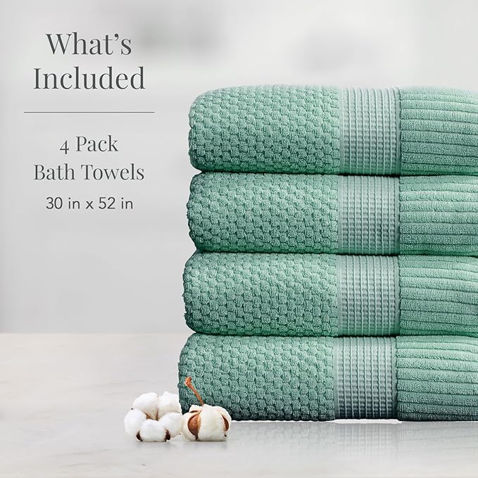 NY Loft 100% Cotton Bath Towel 4 Pack | Super Soft & Absorbent Quick-Dry Bath Towels 30" x 52" |Textured and Durable Cotton | Trinity Collection (4 Pack Bath Towel, Wasabi Green)