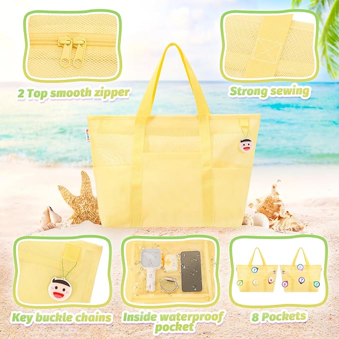 Tagitary Mesh Beach Bag with Zipper Large Beach Tote Waterproof Sandproof with 8 Pockets for Toys Pool Bag Beach Accessories