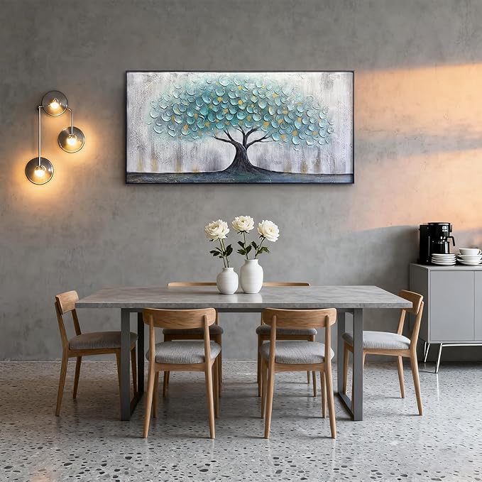 Teal Blue Tree of Life Canvas Wall Art, Hand Painted Modern Abstract Textured Painting, Large Framed Panoramic Landscape wall art for Living Room, Bedroom, Office, Home Decor 40"x20"