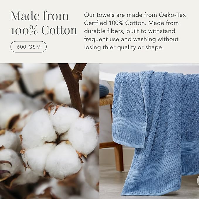 NY Loft 100% Cotton Bath Towel 4 Pack | Super Soft & Absorbent Quick-Dry Bath Towels 30" x 52" |Textured and Durable Cotton | Trinity Collection (4 Pack Bath Towel, Blue Shadow)