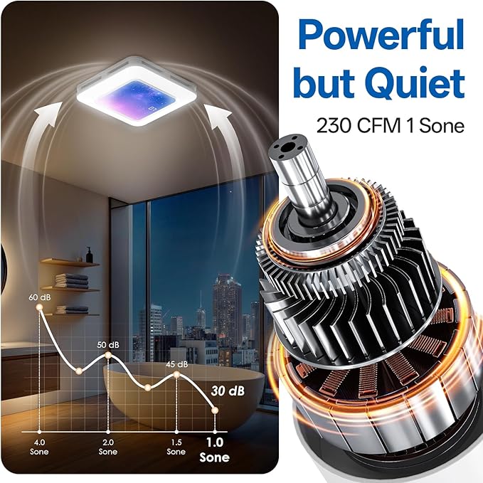 Bathroom Exhaust Fan with Humidity Sensor, Bathroom Fan with Light Odor & Humidity Sensor, 230 CFM 1.0 Sone Venlitation Fan with 3CCT LED Light 7 LED Color, Remote Control Easy Install