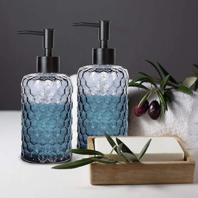 Clear Charcoal Blue Glass Soap Dispenser with Pump, 16oz Honeycombed Design Hand Soap Dispenser, Refillable Lotion & Dish for Dishwashing Liquid, Lotion