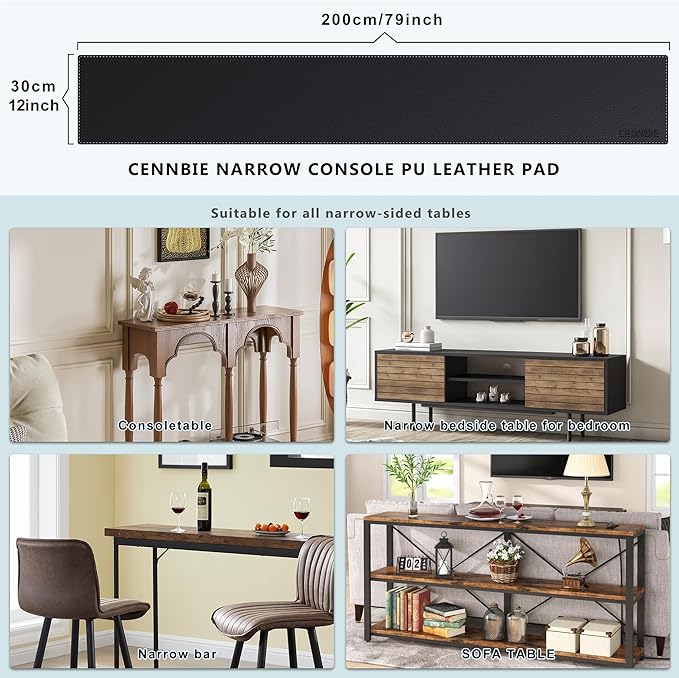 CENNBIE Console Table Leather Cover - 78.8 x 11.8 Inches Sofa Table Narrow Long Mat - TV/Media/Gaming/Center Console Table Protector Pad for Narrow Side Table, Sideboard, Entryway Table (Black)