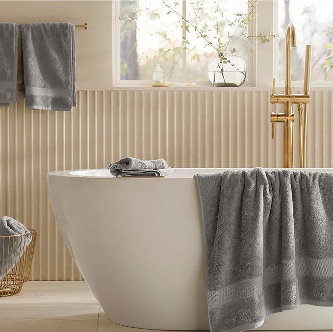 BOLL & BRANCH Plush Bath Towel Set - Stone - 6 Piece - Includes 2 Bath Towels, 2 Hand Towels & 2 Washcloths - 100% Organic Cotton - Ultra Soft & Luxurious - Quick Absorbing