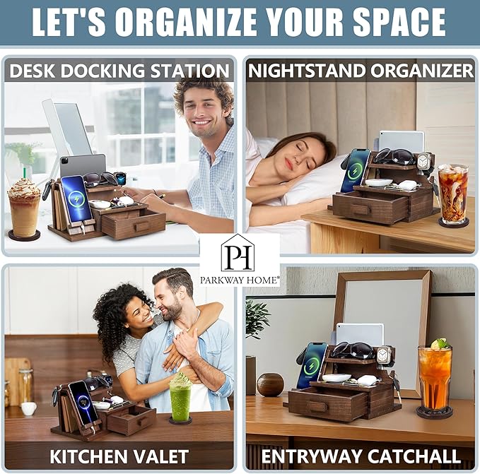 Wood Phone Docking Station with Drawer, Compatible with Apple Watch - Wood Charging Station Organizer Stand, Bedside Nightstand Organizer for Men, Holds Phone, Tablet, Keys, Glasses, EDC