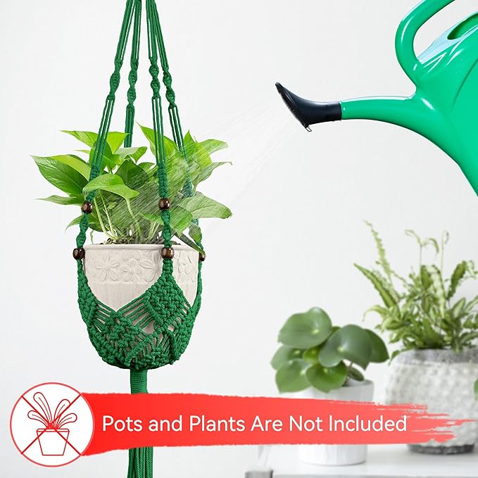 USLAI Macrame Plant Hanger for Indoor Outdoor, Up to 3-6.5 inch Pot, Hanging Planter Flower Pot Holder with Beads and Tassels, Boho Home Decor, 2-Pack, Green