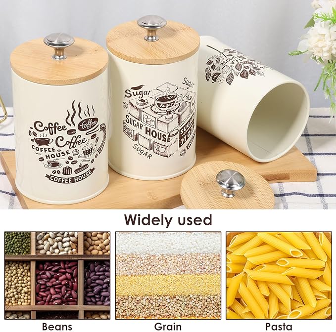 3 Pcs Vintage Tea Coffee Sugar Canister Set with Bamboo Lid, 30 oz Metal Vintage Coffee Tea Sugar Container Set for Home Countertop Pantry Farmhouse Decor