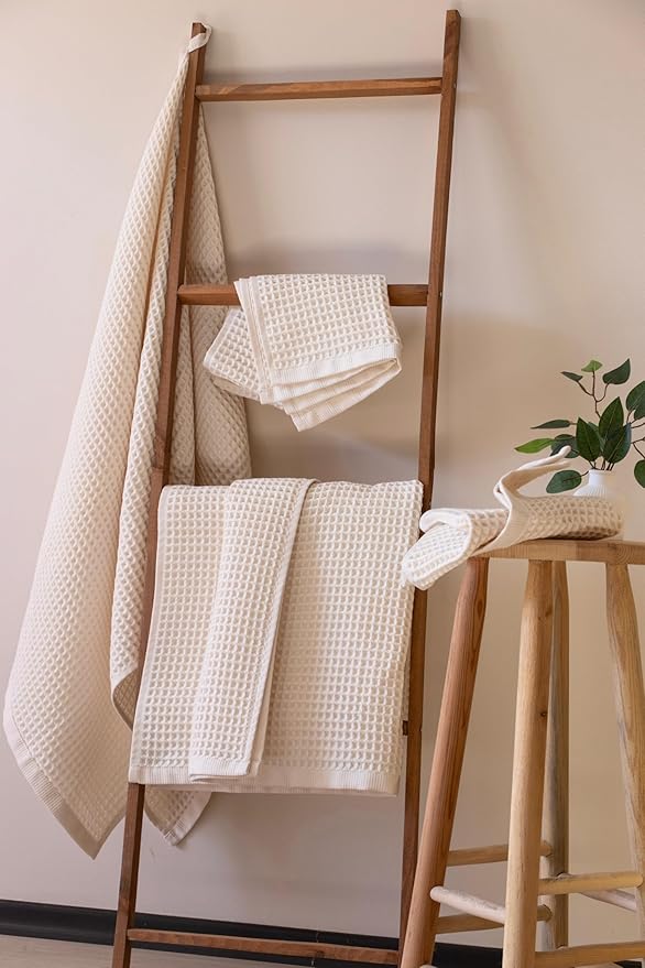 PÜSKÜL - Premium Waffle Towel Set 4 Pieces Natural Raw - Organic 100% Turkish Cotton Quick-Dry Towels for Bathroom Made in Turkiye (Natural Beige, Towel Set - 2 Hand & 2 Bath Towels)