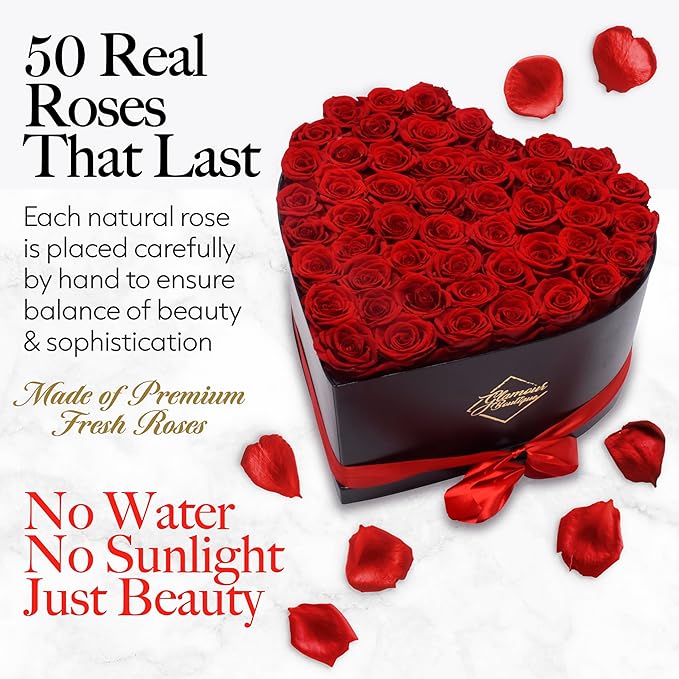 GLAMOUR BOUTIQUE 50 Flower Forever Heart Shape Box - Preserved Roses Gift for Her, Preserved Flowers, Red