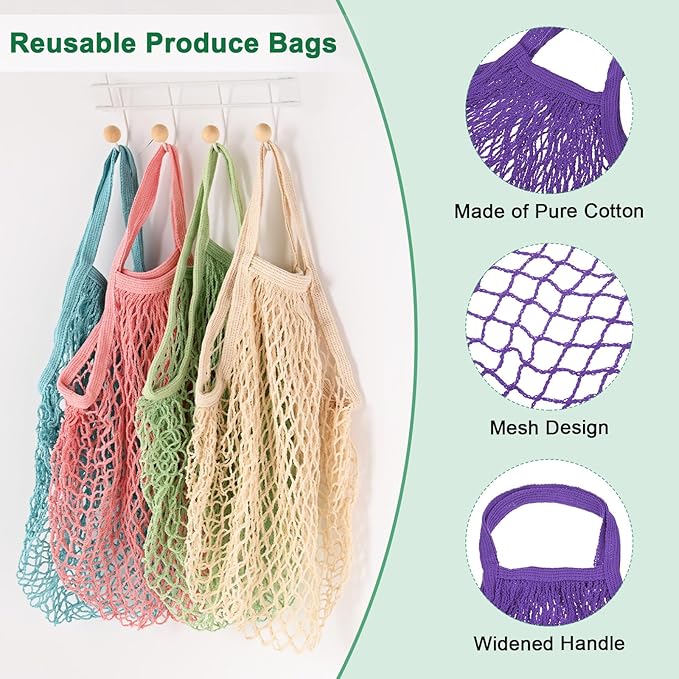 1-Pack Cotton Mesh Bag, Reusable Washable Mesh Net String Grocery Bags, Reusable Produce Bags with Handle, Net Tote Bag for Fruits/Vegetables Shopping [Purple, Short Handle]