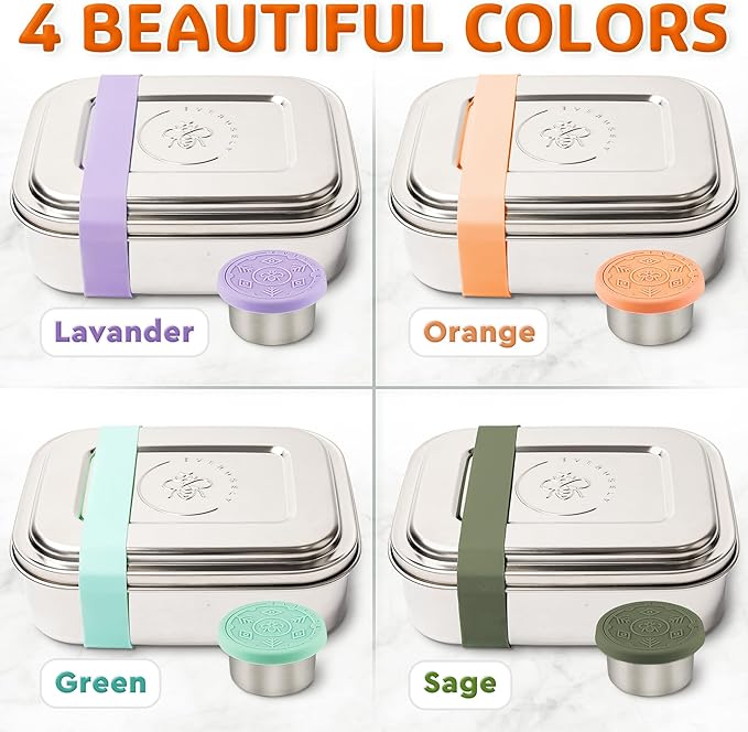 Everusely - Bento Box - Orange, 27oz / 0.8 L - Stainless Steel Lunch Box with Leakproof Condiment Container - 3 Compartment Snack Organizer for On the Go Meals - Freezer & Dishwasher Safe