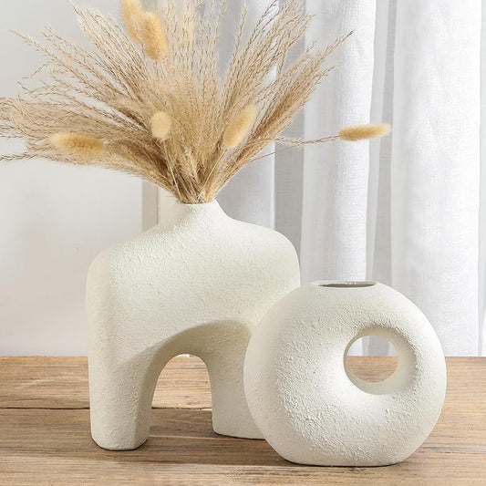 Ceramic Vase Set of 2, Modern Donut Vases for Minimalist Nordic Home Decor, Waterproof Round Vase, Decorative Centerpiece Vases for Living Room, Entryway, Bookshelf, Table Decor (Off White)