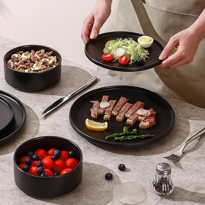 GZG Classic Series - Plates and Bowls Set for 4, 12 Piece Stoneware Dinnerware Sets, Microwave and Dishwasher Safe Lead-Free Handcrafted Ceramic Dishes Set - Matte Black