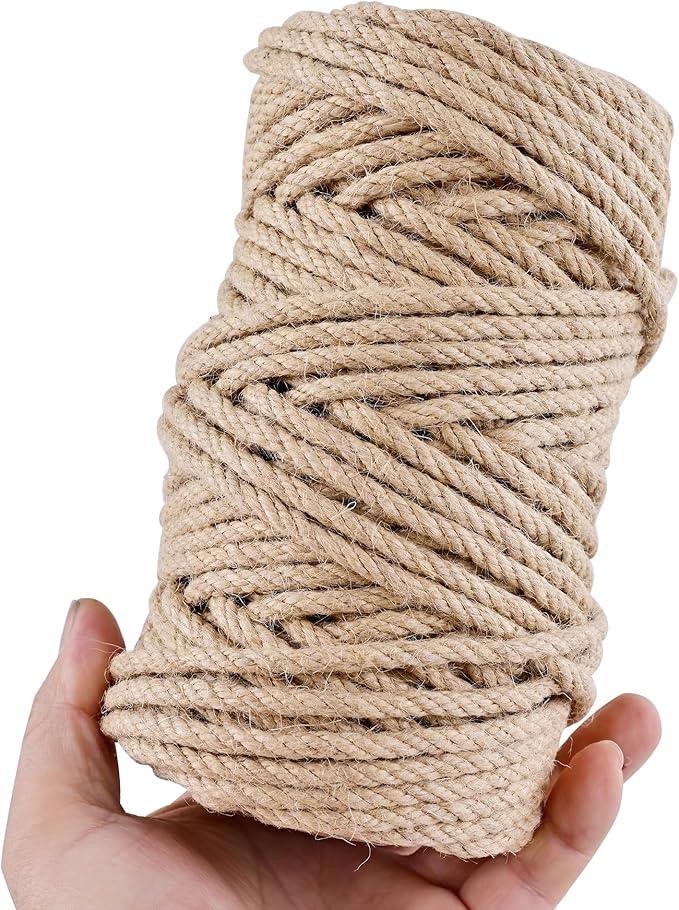 Natural Jute Twine 328ft 5mm,3Ply Twisted Thick Twine Rope Strong Jute String Roll for Crafts Gift Wrapping Gardening Home Decor Bundling Cat Scratching Post