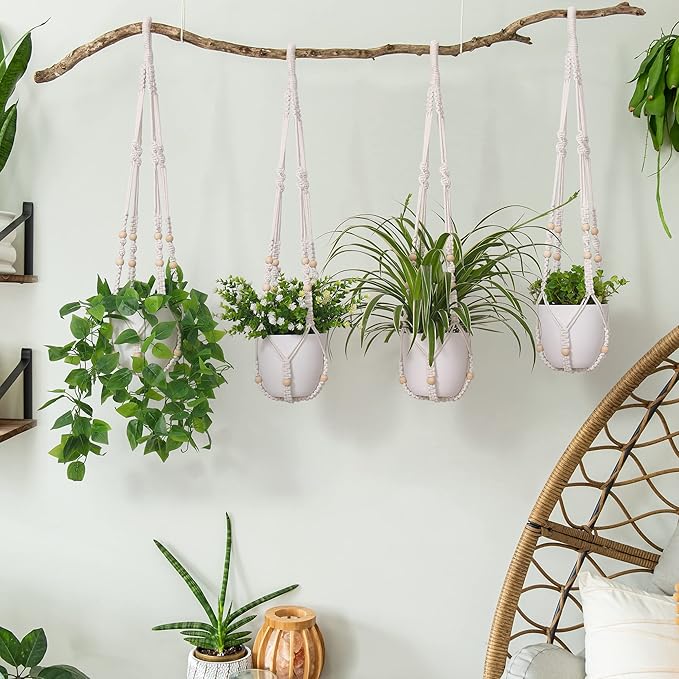YIBOT Macrame Plant Hanger Indoor Outdoor, Up to 4-15 inch Pot, Heavy 20lb Planters, Extra Long Strong Hanging Planter Basket, Boho Home Decor, 35 Inch, Ivory, Set of 2 (POTS NOT Included)