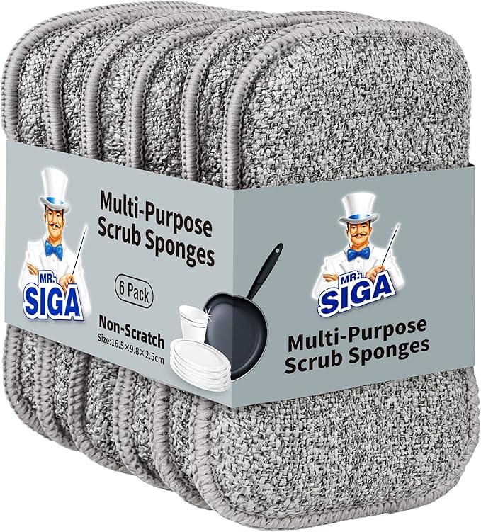 MR.SIGA Dual-Sided Scrub Sponges, Long lasting, Reusable Dishwashing Sponges for Kitchen, 6 Pack