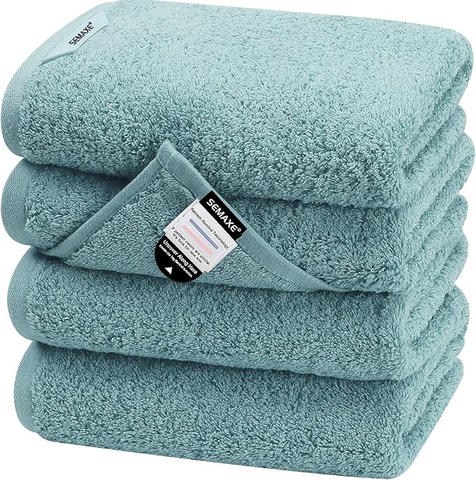 SEMAXE Bathroom Hand Towel, 100% Cotton Towels with Hanging Loops, Hotel Spa Quality Highly Absorbent Towel Set of 4, 27" L x 16" W, Blue Hand Towel, Gift Box Packaging
