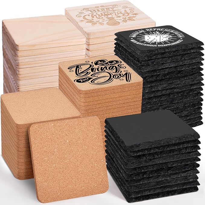 89 PCS Square Blank Coasters Bulk for Laser Engraving, MAPRIAL 4 Inch 100% Natural Black Slate Stone, Wood, Cork, Engravable Materials for Engraver, Gifts, Crafts, Wedding