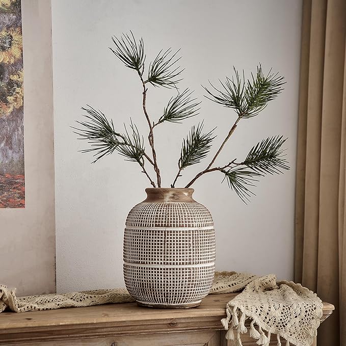 AWNR Terracotta Vase Farmhouse Decor: Rustic Ceramic Decorative Vase for Flowers Vintage Stoneware Flower Vase for Home Decor Living Room Dining Table Centerpieces Decortion