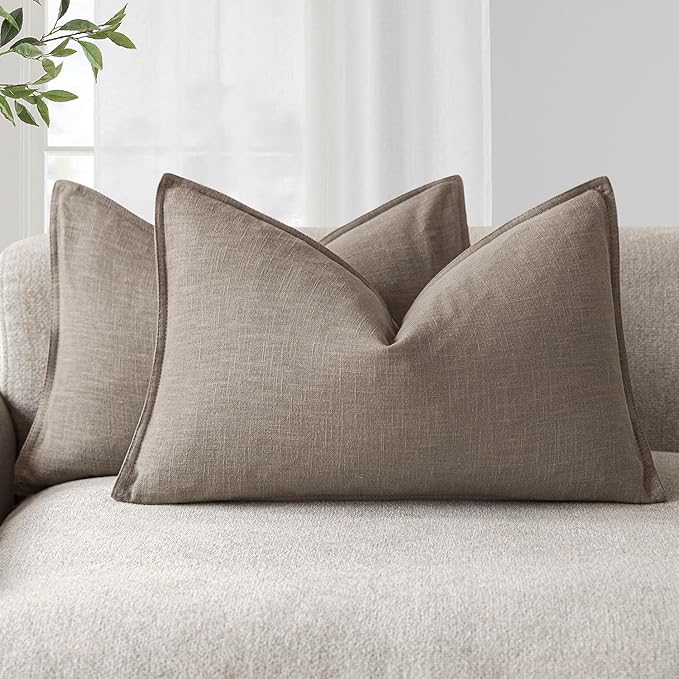 Foindtower Pack of 2, Decorative Linen Soild Throw Pillow Covers Accent Lumbar Cushion Case Boho Farmhouse Pillowcase for Chair Couch Sofa Bedroom Living Room Home Decor 12 x 20 Inch Brown Tan
