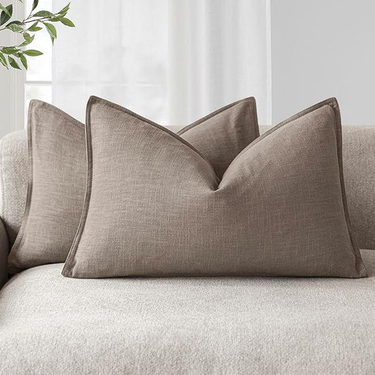 Foindtower Pack of 2, Decorative Linen Soild Throw Pillow Covers Accent Lumbar Cushion Case Boho Farmhouse Pillowcase for Chair Couch Sofa Bedroom Living Room Home Decor 12 x 20 Inch Brown Tan