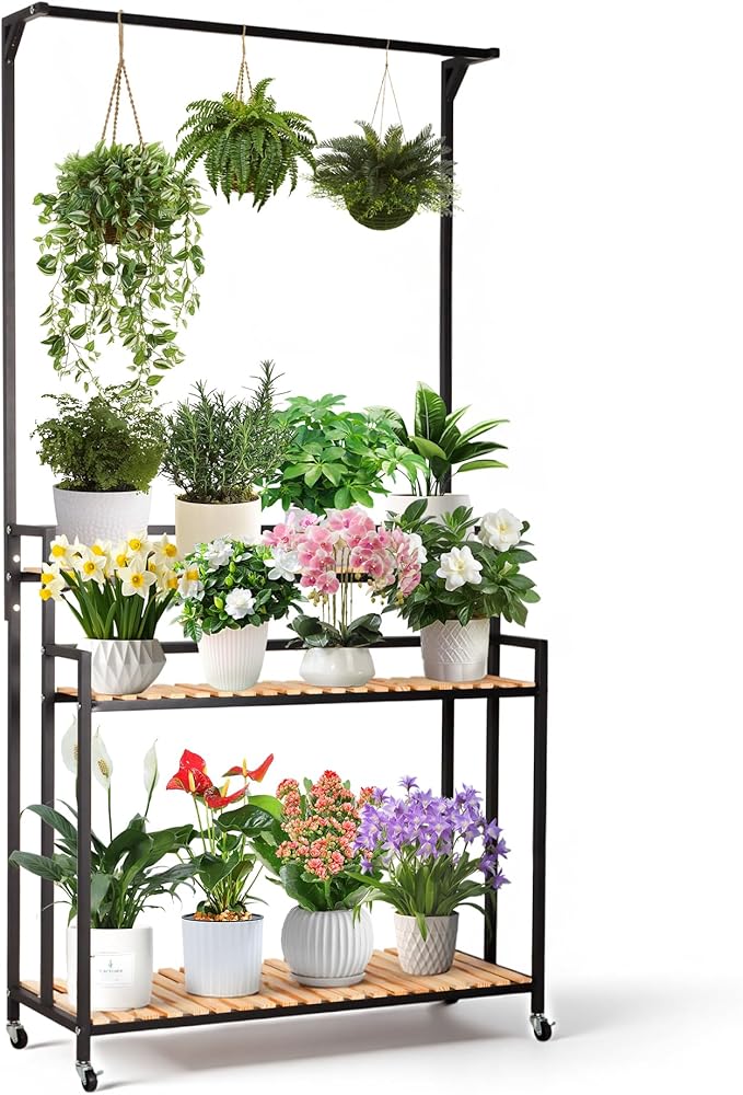 SEAdeerCH Multi-Functional Plant Stand ,Modern Rolling Plant Shelf Space-Conserve,Use Vintage Wood and Iron Frame, Robust Pine,Easy Assembly,for indoor/outdoor use in Living Spaces or Patio