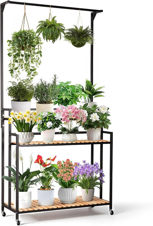 SEAdeerCH Multi-Functional Plant Stand ,Modern Rolling Plant Shelf Space-Conserve,Use Vintage Wood and Iron Frame, Robust Pine,Easy Assembly,for indoor/outdoor use in Living Spaces or Patio