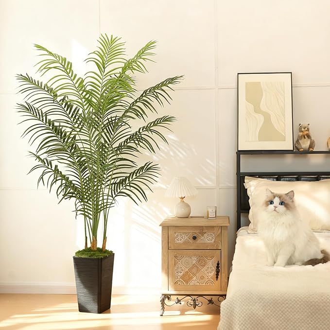 6FT Artificial Palm Tree, Tall Fake Tropical Areca Plant with Black Square Planter for Indoor Outdoor Home Decor, Realistic Faux Palm Tree for Living Room, Office, Porch, Garden