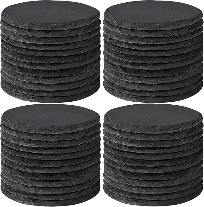 48 PCS Round Slate Drinks Coasters Bulk for Laser Engraving, MAPRIAL 4 Inch Handmade Black Rustic Stone Coaster Laser Blanks with Anti-Scratch Backing for Engraver, Wedding, Gifts, Home Decor, Bar