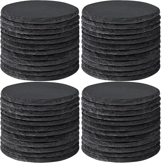 48 PCS Round Slate Drinks Coasters Bulk for Laser Engraving, MAPRIAL 4 Inch Handmade Black Rustic Stone Coaster Laser Blanks with Anti-Scratch Backing for Engraver, Wedding, Gifts, Home Decor, Bar