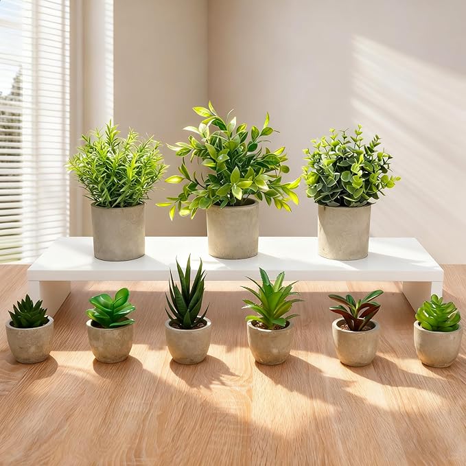 Artificial Potted Plants Faux Greenery in Cement Pots for Shelf, Bookshelf, Office or Home Decor, Small Decorative Fake Plants for Modern Indoor Display (9, XXXL)