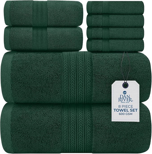 DAN RIVER 8 PC Luxury Bath Towels for Bathroom, 2 Bath, 2 Hand, and 4 Wash Cloths, 600 GSM 100% Ring Spun Cotton Towel Set, Highly Absorbent, Gym, Hotel, and Spa, Hunter Green