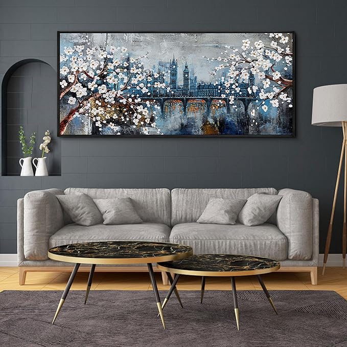 KLAKLA Extra Large Wall Art for Living Room City Scenes - Black Frame Large Abstract Wall Decor Bedroom Office Landscape Plum Blossom Picture Artwork for wall Modern Home Decoration