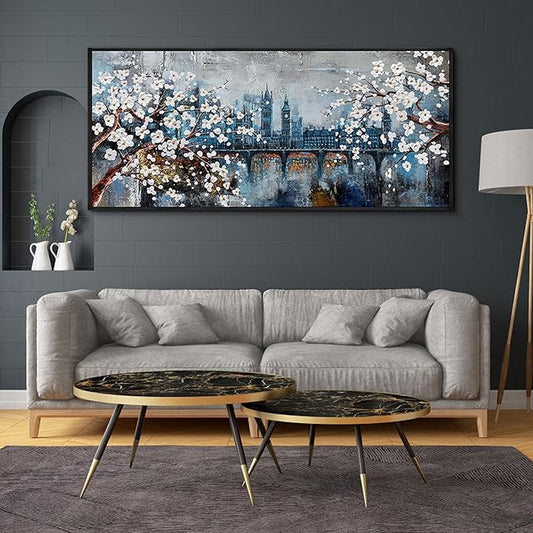 KLAKLA Extra Large Wall Art for Living Room City Scenes - Black Frame Large Abstract Wall Decor Bedroom Office Landscape Plum Blossom Picture Artwork for wall Modern Home Decoration
