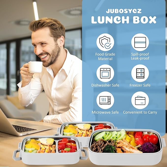 Bento Lunch Box for Kids Women Men, 47oz 2-Compartment Salad Metal Food Prep Pack Container for Lunch, Stainless Steel 3 Layers Stackable Lunch Containers with Lids for Adults and Teens White