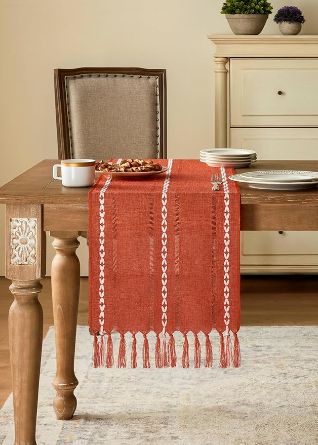 Hemstitched Farmhouse Fall Table Runner, Orange 13x72 Inch, Cotton Linen Table Runners 72 Inches Long, Embroidered Striped Burnt Orange Boho Table Runner Fall Decoration for Home