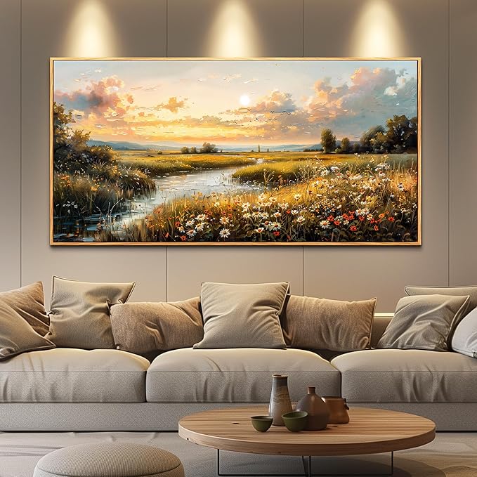 FUHAIHUA Large Wood Framed Wall Decor For Living Room Canvas Wall Art For Office Modern Wall Decorations For Bedroom Sunset Landscape Painting Farmhouse Pictures Artwork Room Home Decor 24x48 In