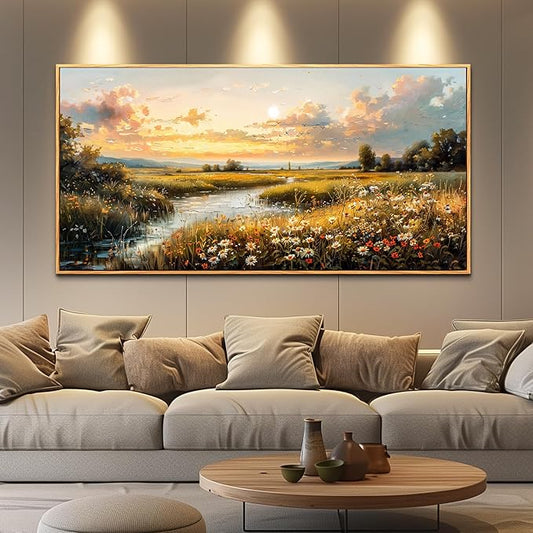 FUHAIHUA Wood Framed Canvas Wall Art For Living Room Wall Decor For Bedroom Office Wall Decoration Sunset Landscape Painting Farmhouse Pictures Artwork Room Aesthetic Home Decor 20x40 In