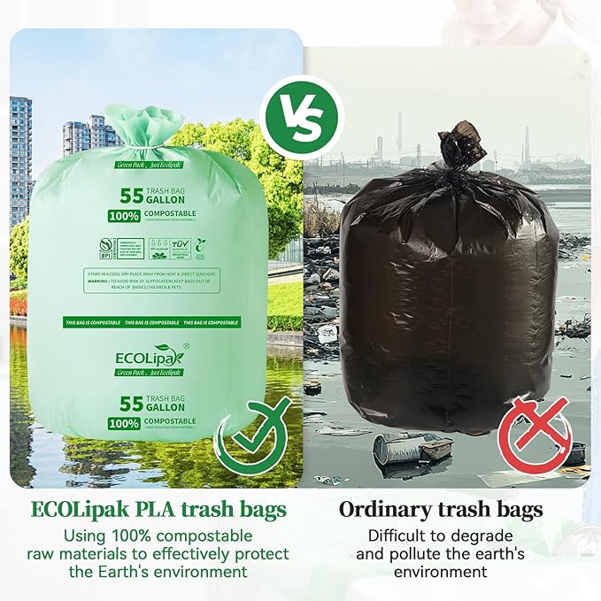 ECOLipak 55 Gallon Compostable Trash Garbage Bags, 12 Count (1 Roll) Biodegradable Heavy Duty Large Outdoor Trash Bags for Lawn/Yard, US BPI ASTM D6400 and OK Compost Home Certified