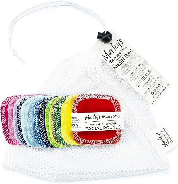 Marley's Monsters Facial Rounds 20 Count Pack + Laundry Bag - Soft and Reusable Cotton Rounds (Rainbow)
