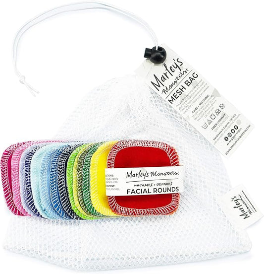 Marley's Monsters Facial Rounds 20 Count Pack + Laundry Bag - Soft and Reusable Cotton Rounds (Rainbow)