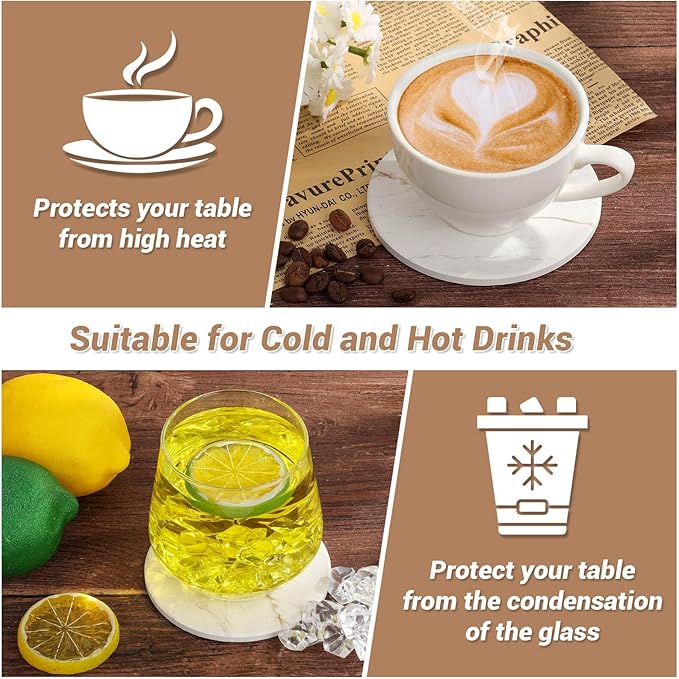 Acejoz Drink Coasters with Holder for Coffee Table, Absorbent Coasters Set of 6, Marble Style Ceramic Coaster for Wooden Table, Suitable for Kinds of Cups, Home Decor, 4 Inches(White)