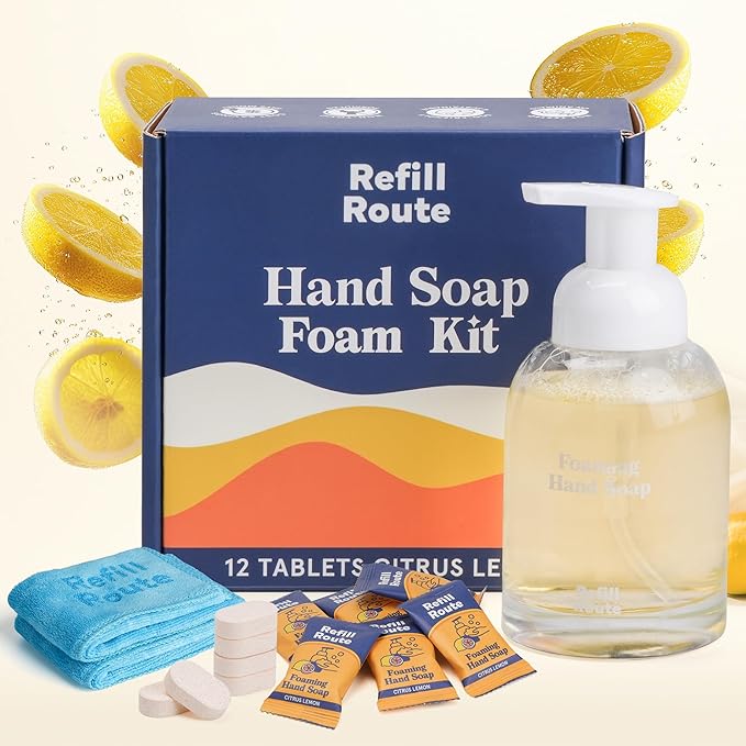 Foaming Hand Soap Refills & Dispenser Glass, 12 Hand Soap Tablets+1 Foaming Dispensers+2 Microfiber Cloths, Make 96 fl oz(12 x 8) - No Plastic, Vegan, Cleansing & Moisturizing, Lemon Scent