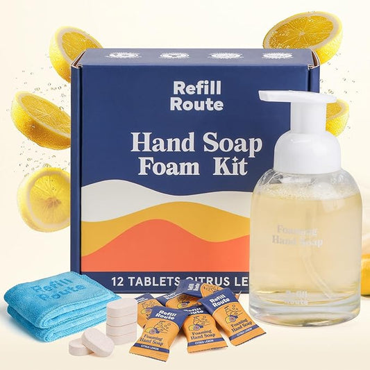 Foaming Hand Soap Refills & Dispenser Glass, 12 Hand Soap Tablets+1 Foaming Dispensers+2 Microfiber Cloths, Make 96 fl oz(12 x 8) - No Plastic, Vegan, Cleansing & Moisturizing, Lemon Scent