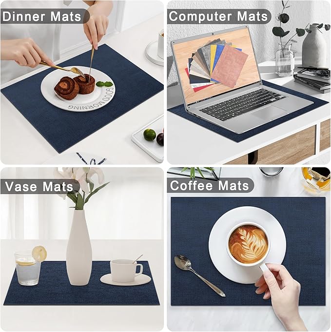 Homaxy Faux Leather Heat Resistant Placemats for Dining Table Set of 4, Waterproof Wipeable Washable PU Table Mats, Easy to Clean Anti-Slip Place Mats, 11.8" x 17", Navy Blue
