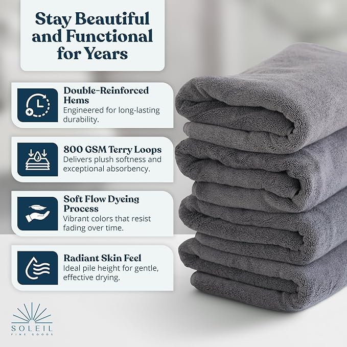 Soleil Fine Goods Luxurious 800 GSM 100% Cotton Bath Towel Set (4-Pack, 27x54) - Heavyweight & Ultra Absorbent, Plush Softness for Bathroom | Hotel & Spa Quality Luxury Towels- Steel