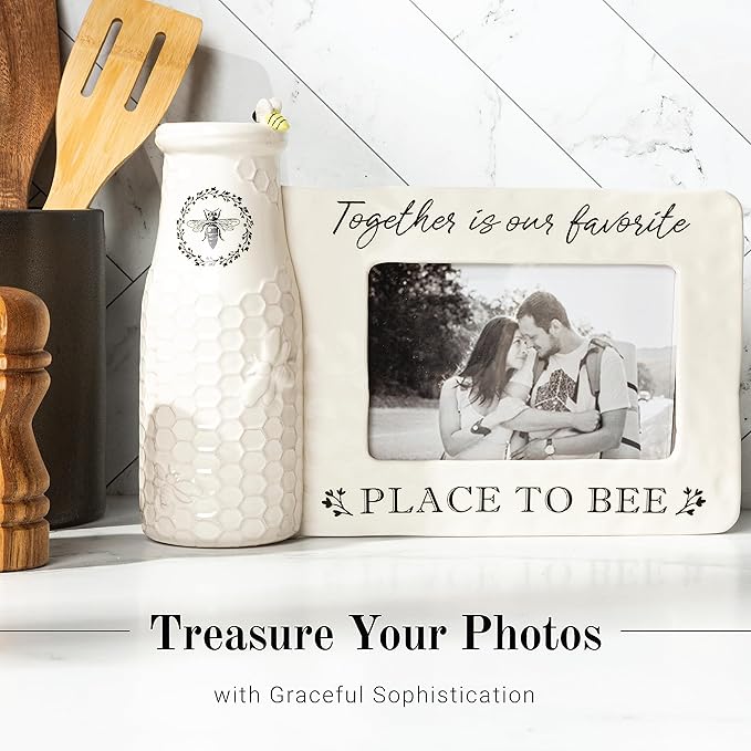 youngs Inc Ceramic Bee Vase w/Photo Frame, White, Black, 11.25" Length x 3.00" Width x 8.00" Height