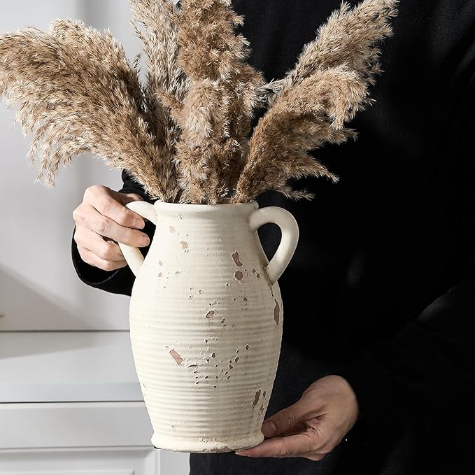 Large Ceramic Rustic Vase with 2 Handles, 9.8 inch Farmhouse Distressed Flower Vase for Home Decor, Living Room, Shelf Decor, Pampas Grass, Enterway, Table Decoration, Gift, White