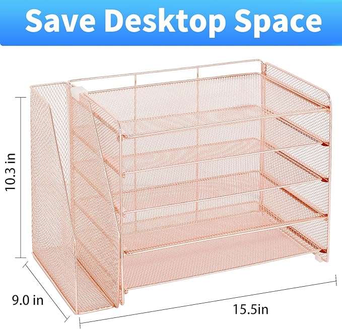 OPNICE 5-Tier Paper Organizer with Magazine Holder, Desk Organizers and Accessories, Office Desk Accessories & Workspace Organizers, Desktop File Organizer for Office Supplies Storage, Rose Gold