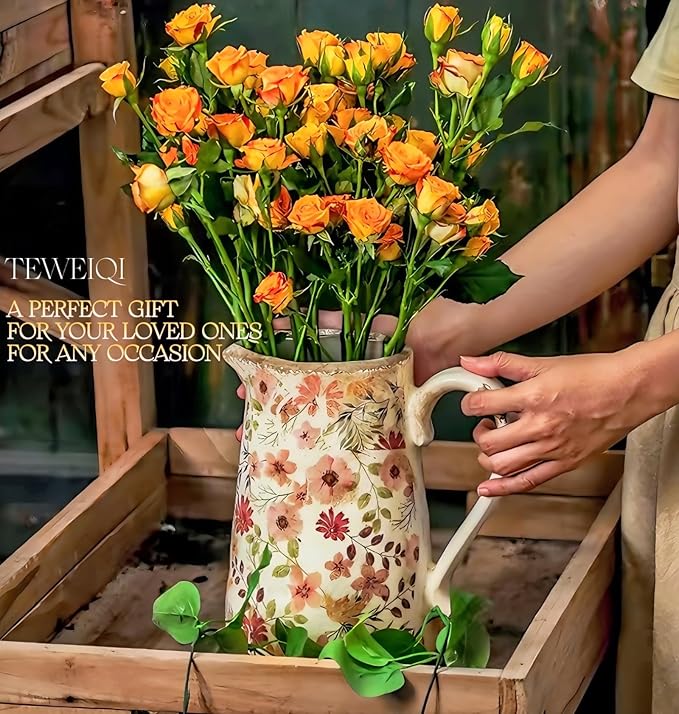 Vintage Colorful Daisy Flora Ceramic Vase with Handle, Retro Ice Glazed Crack Farmhouse Pitcher Vase for Home Decor, Living Room, Shelf, Office, Rustic Table Centerpiece 7 Inch